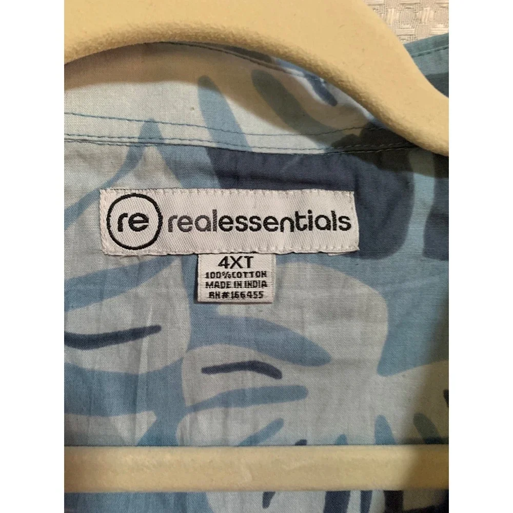 Real Essentials Mens 4XT Blue Monstera‎ Leaf Tropical Cotton Button Down Shirt